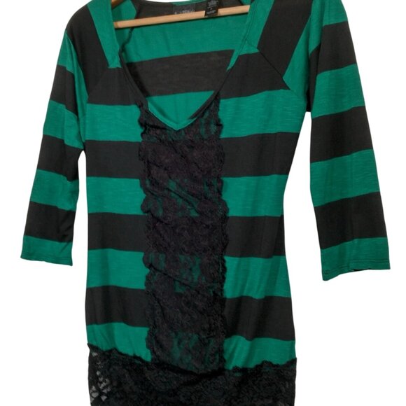Vintage Y2K Daytrip Shirt Medium Green Black Strriped Deep V Neck Slim Lace Trim - Picture 2 of 14